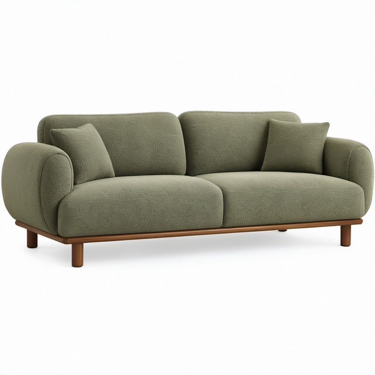 Sofá de 2 Lugares em Tecido Bouclé Verde-oliva com Base em Madeira, 200 x 95 x 85 cm