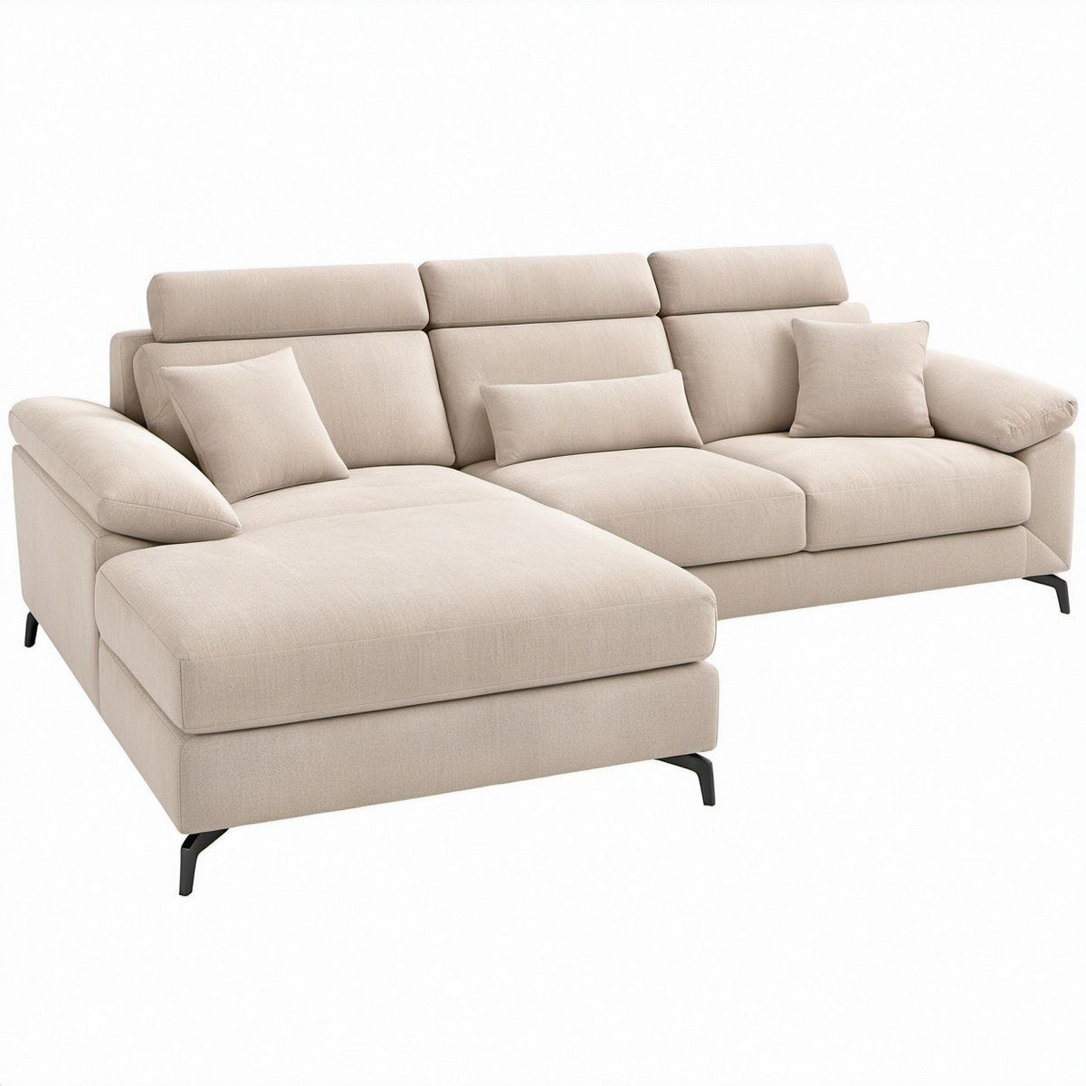 Sofá de 3 Lugares com Chaise Longue Esquerda Bege e Pés Pretos, 280 x 95 x 88 cm