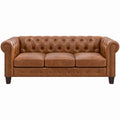 Sofá Chesterfield de 3 lugares em pele sintética PU castanho-conhaque, com pernas castanho-escuras e tachas bronze, 220 x 90 x 78 cm