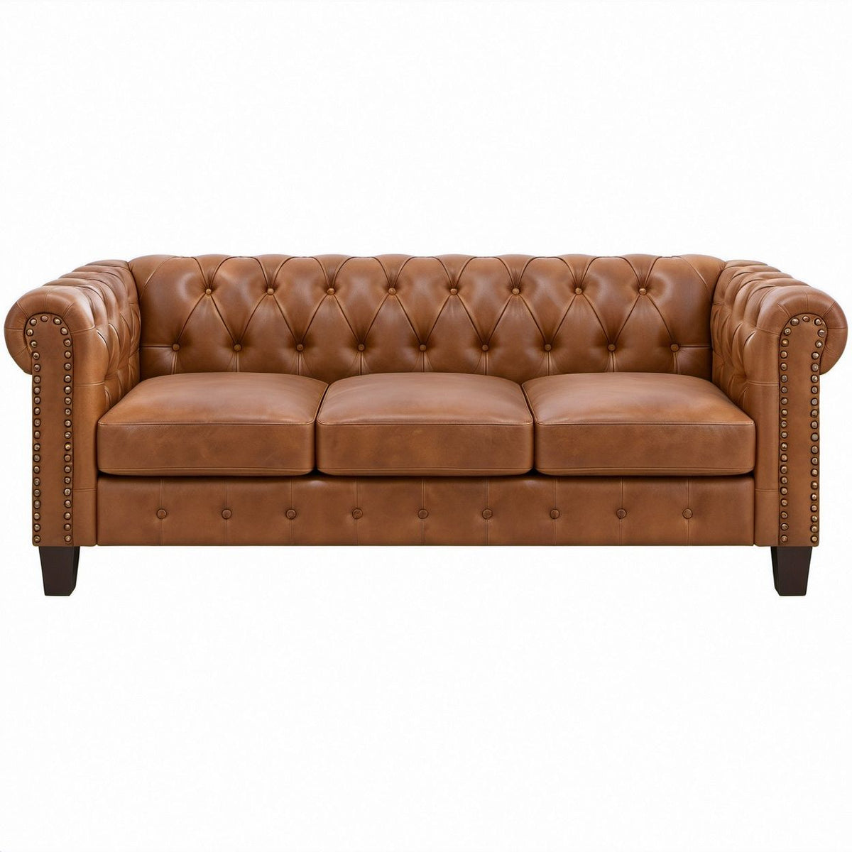 Sofá Chesterfield de 3 lugares em pele sintética PU castanho-conhaque, com pernas castanho-escuras e tachas bronze, 220 x 90 x 78 cm