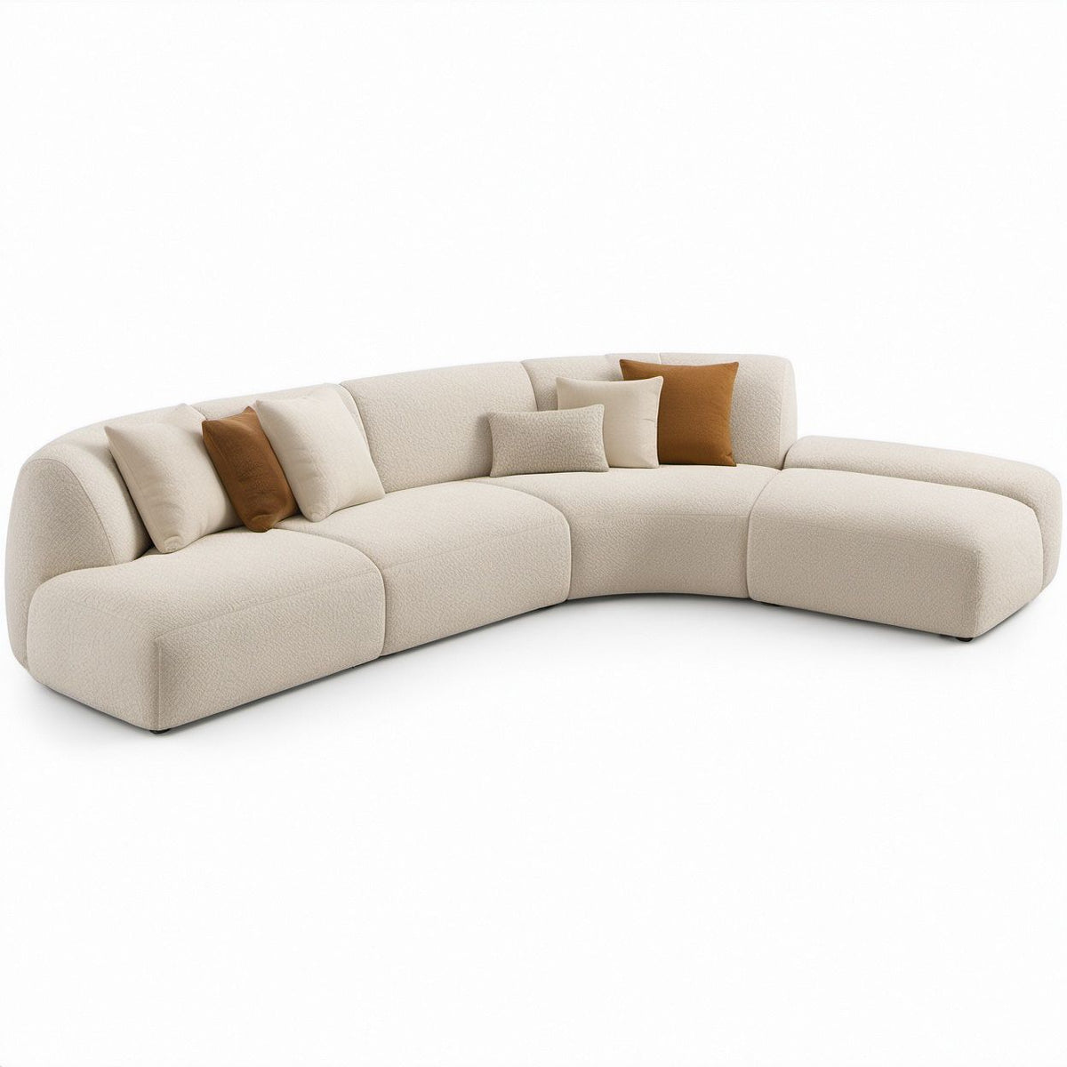 Sofá Modular Curvo de 4 Lugares em Bouclé Bege-claro com Almofadas Castanhas, 330 x 125 x 78 cm