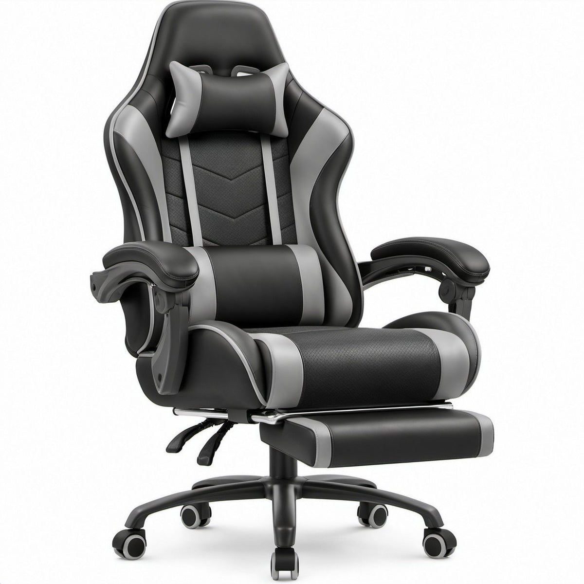 Cadeira Gaming Reclinável em Pele Sintética Preta e Cinzenta 67 x 70 x 125-135 cm com Apoio de Pés