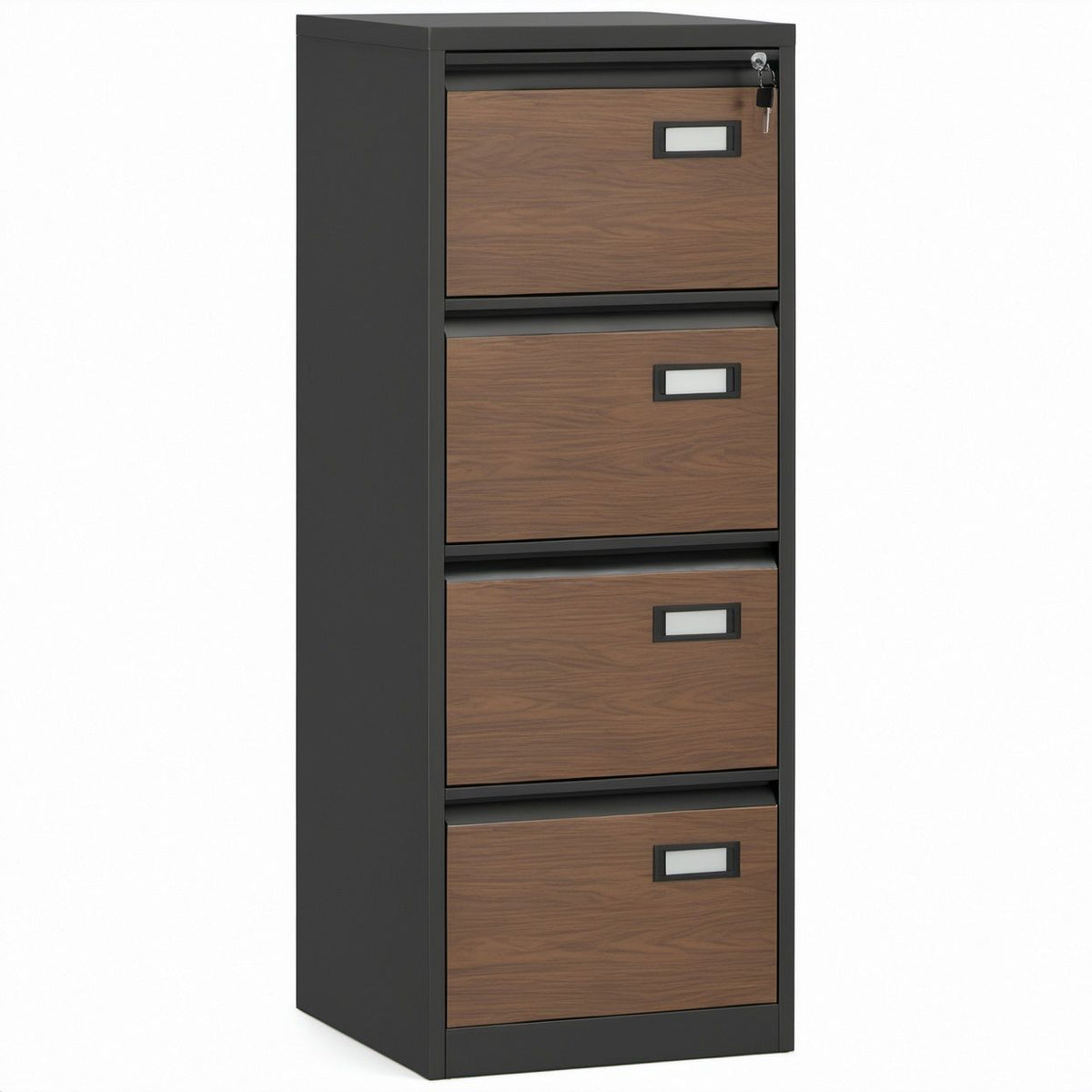 Arquivador Vertical de 4 Gavetas em Aço Preto e MDF Nogueira, 46 x 62 x 132 cm