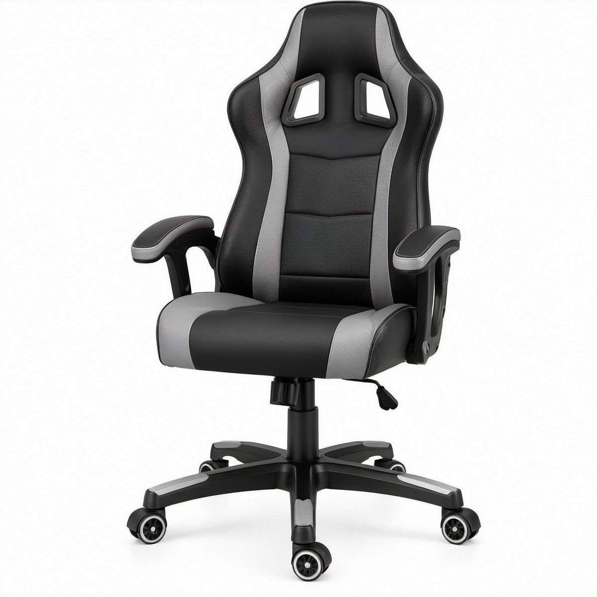 Cadeira Gaming Ergonómica Reclinável em Couro Sintético PU Preto e Cinzento, 65 x 65 x 119-129 cm