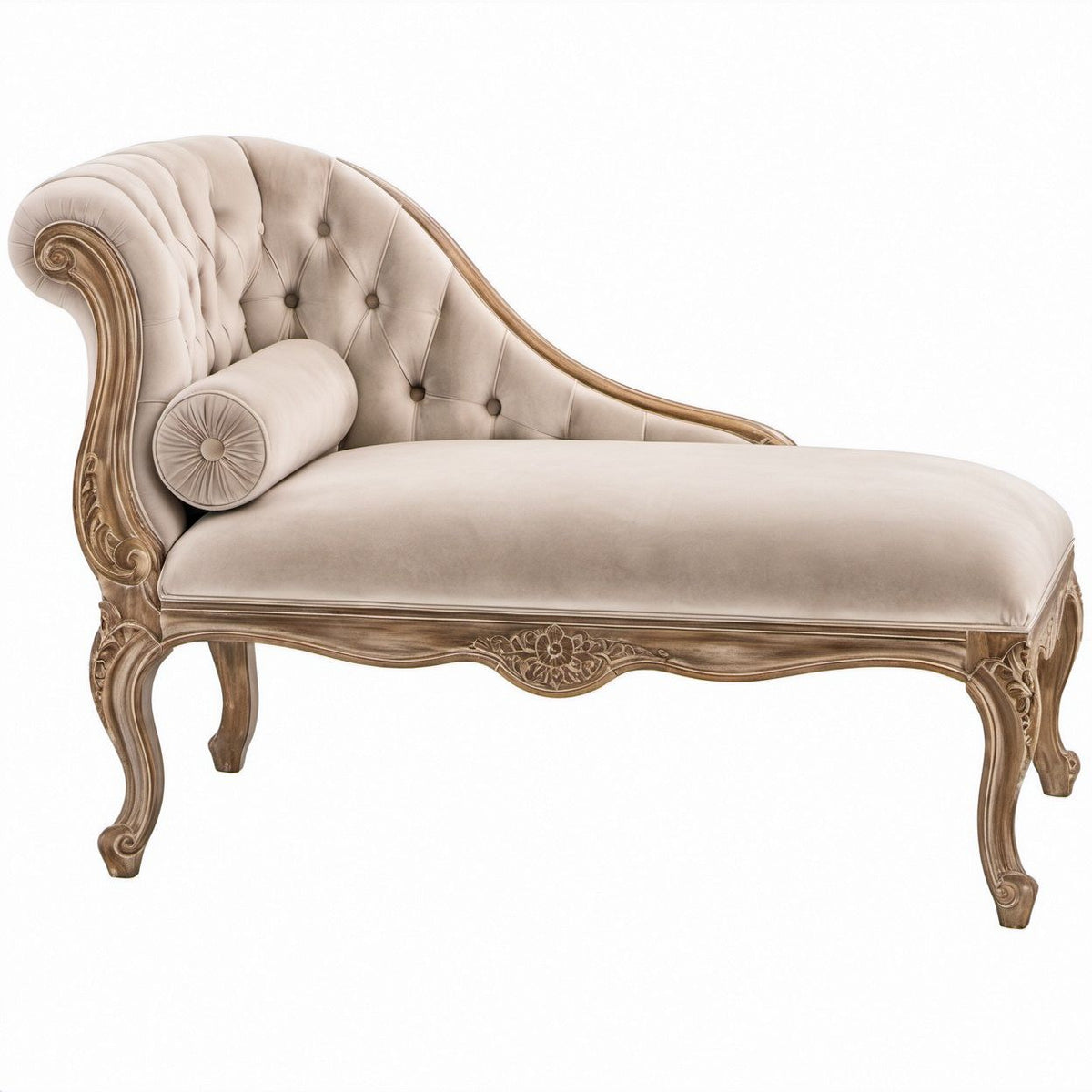 Chaise longue clássica com braço esquerdo em veludo bege e madeira maciça, 180 x 75 x 100 cm