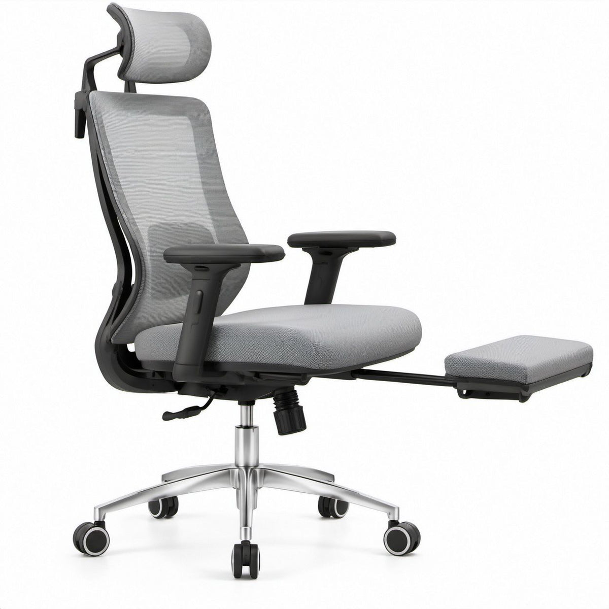 Cadeira de Escritório Ergonómica com Encosto Alto em Malha, Apoio de Pernas e Apoio de Cabeça Ajustável Cinzenta/Preta/Prateada 65 x 65 x 118-128 cm