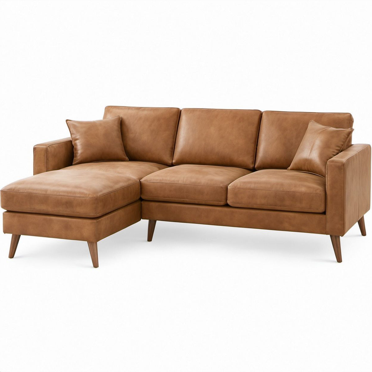 Sofá com Chaise Longue Esquerda de 3 Lugares em PU Castanho Caramelo, 220 x 145 x 85 cm