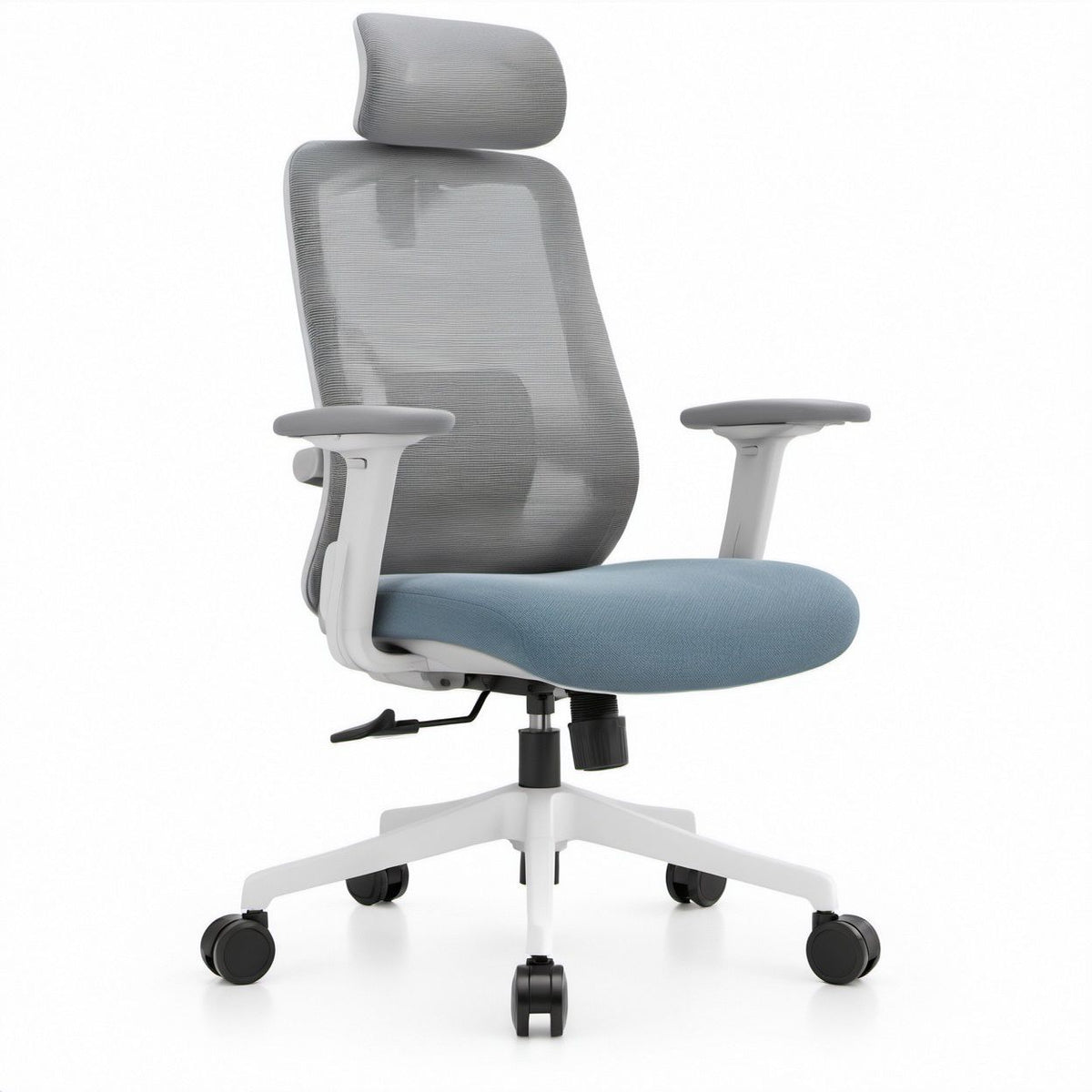 Cadeira de Escritório Ergonómica Giratória em Malha Azul-Claro, Cinzento e Branco, 66 x 66 x 116-126 cm