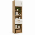 Armário Alto Retangular Branco e Carvalho Natural em MDF, 60 x 35 x 200 cm, com 5 Prateleiras e 2 Gavetas