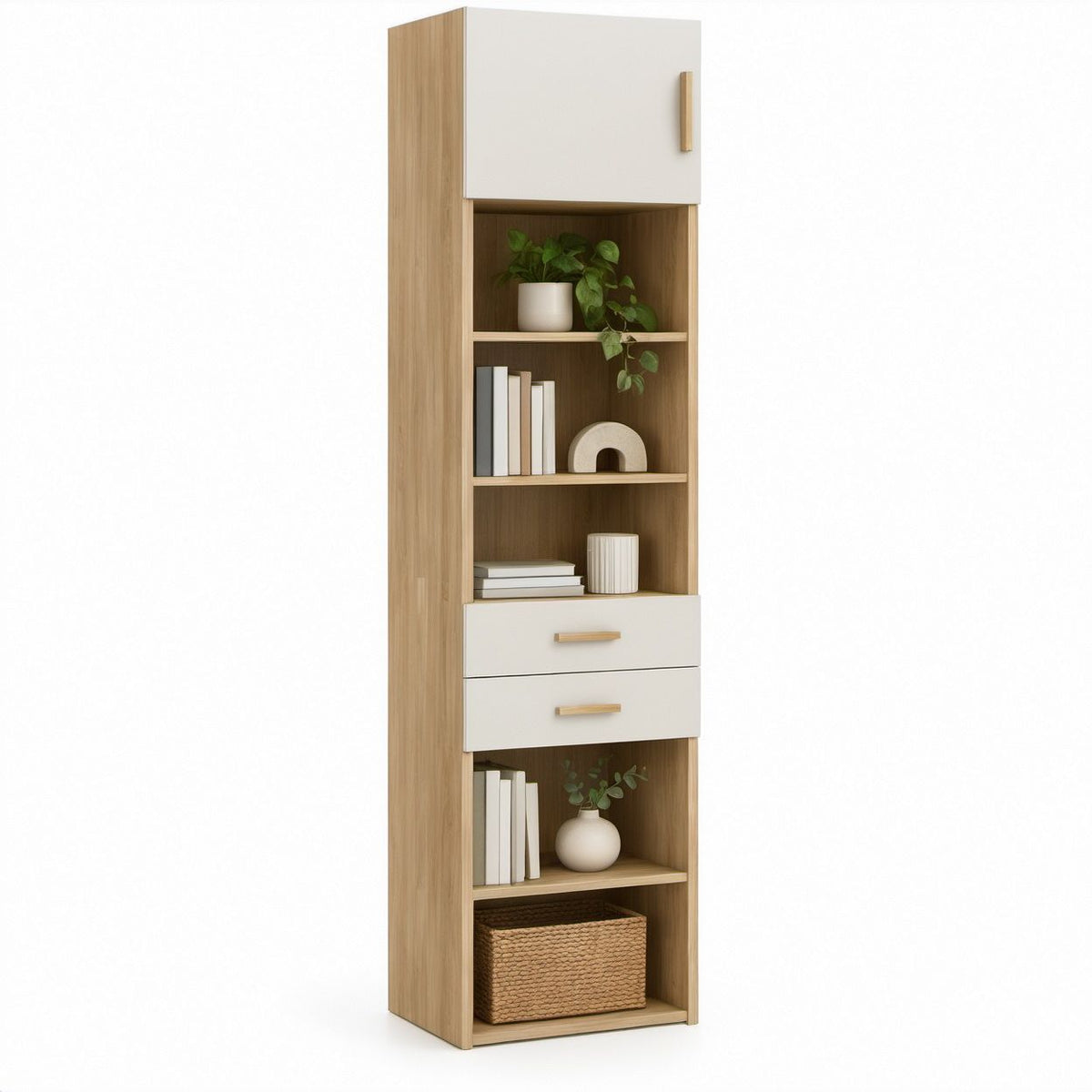 Armário Alto Retangular Branco e Carvalho Natural em MDF, 60 x 35 x 200 cm, com 5 Prateleiras e 2 Gavetas