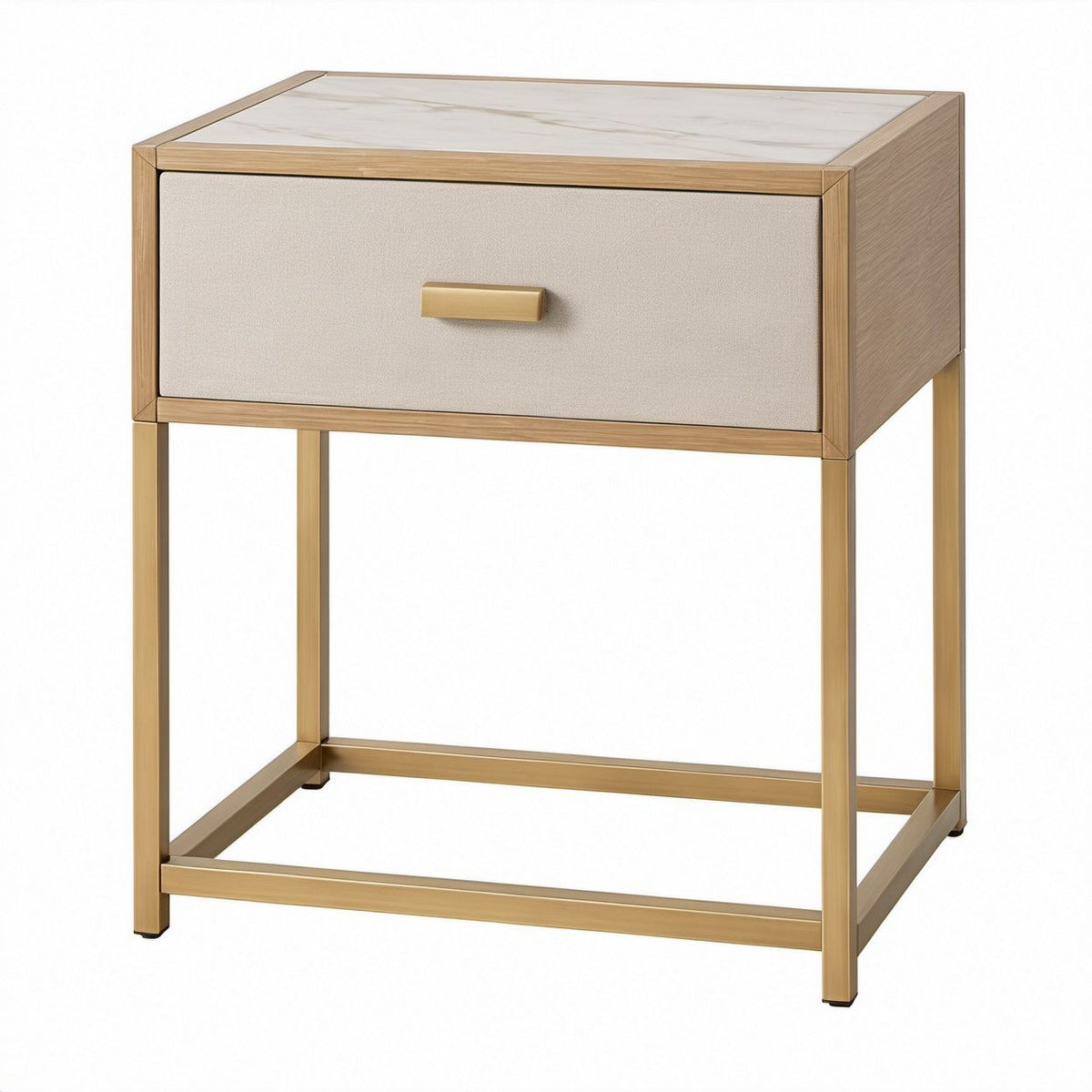 Mesa de Cabeceira Retangular Bege e Dourada com 1 Gaveta, 50 x 40 x 60 cm